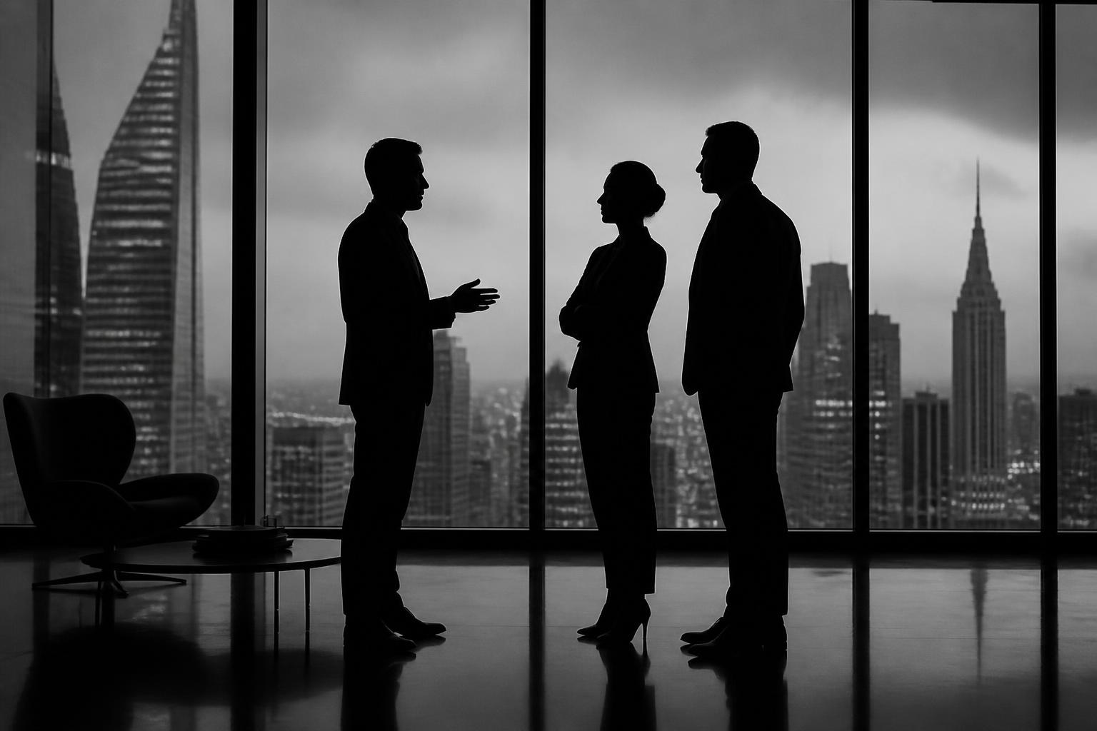 Silhouettes of three executives in conversation in a high-rise office